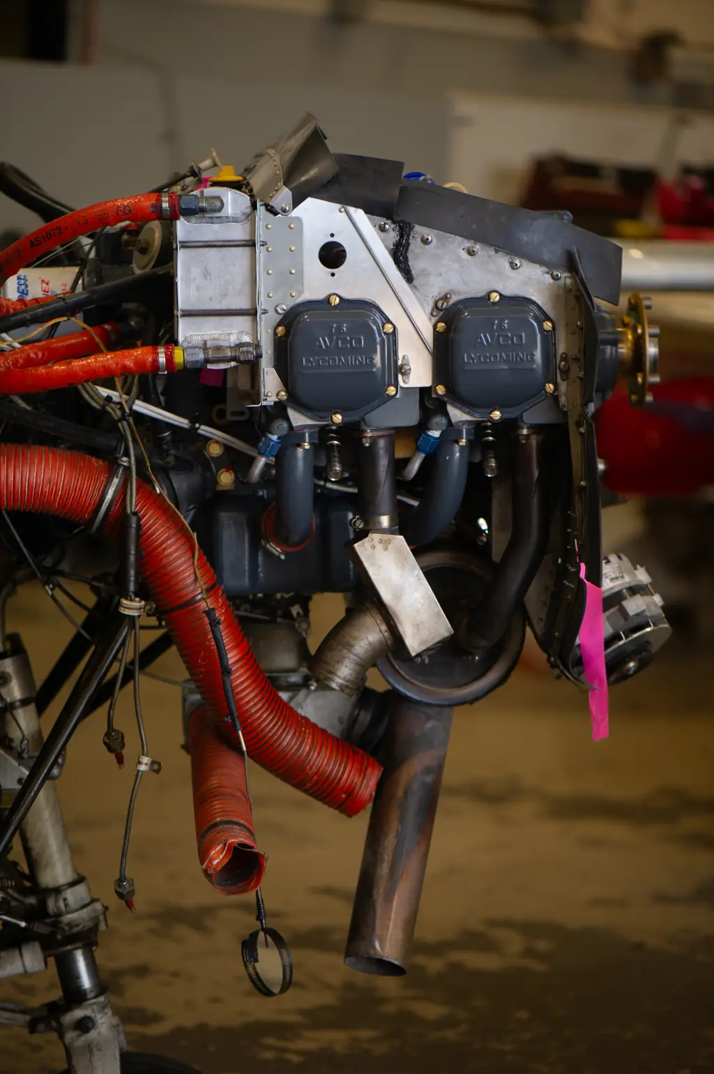 Exposed piston aircraft engine undergoing maintenance at Vegas Aviation in North Las Vegas
